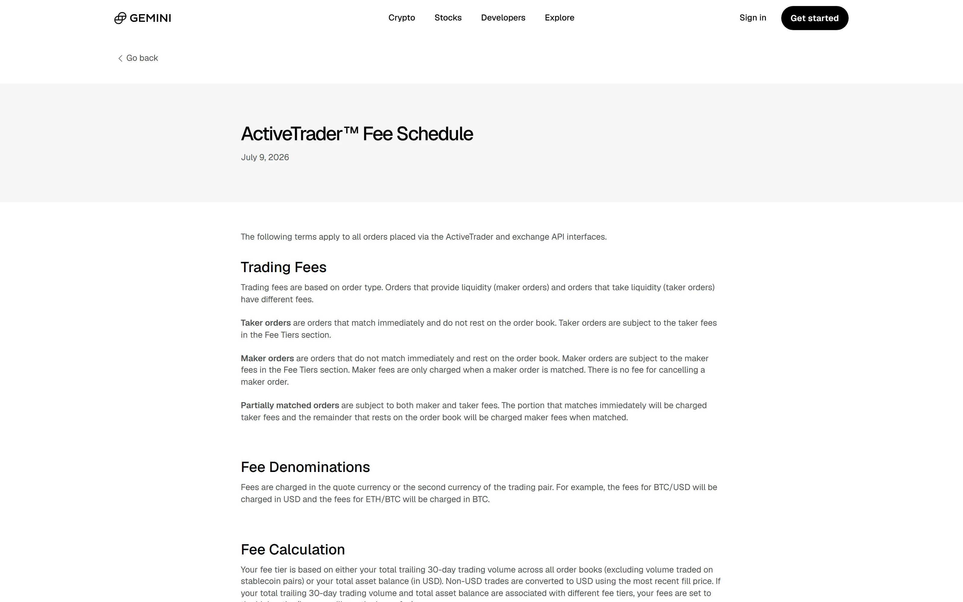 Gemini ActiveTrader fee schedule page showing maker and taker rates by 30-day volume tier